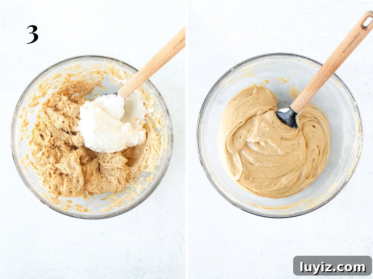 No-Bake Peanut Butter Icebox Cake Recipe — Quick Dessert 4 Bowl of peanut butter mixture with whipped cream added to bowl, and bowl of peanut butter filling