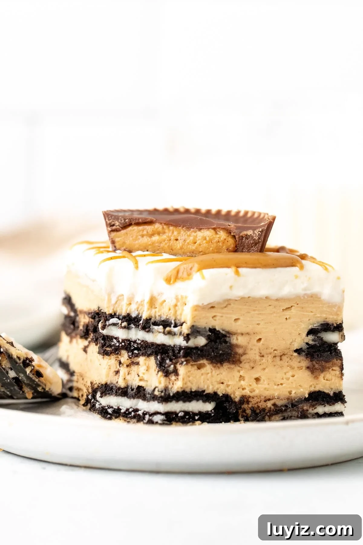 No-Bake Peanut Butter Icebox Cake Recipe — Quick Dessert 7 Slice of peanut butter Oreo icebox cake with bite taken