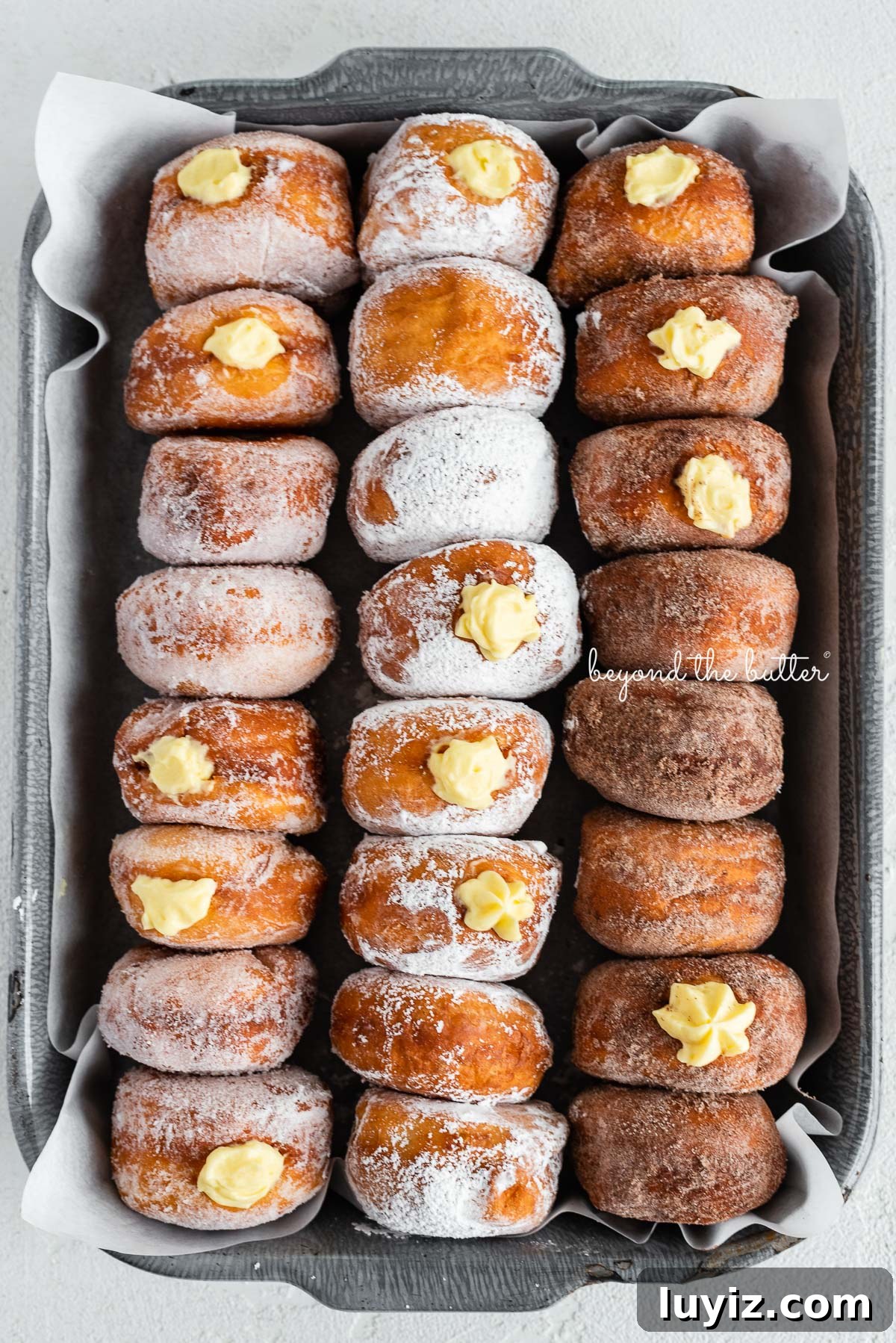 Pennsylvania Dutch Fasnacht Donuts: Traditional Recipe & History 7 Rows of pennsylvania dutch fasnacht doughnuts in a parchment paper lined baking tray filled with pastry cream | © Beyond the Butter®