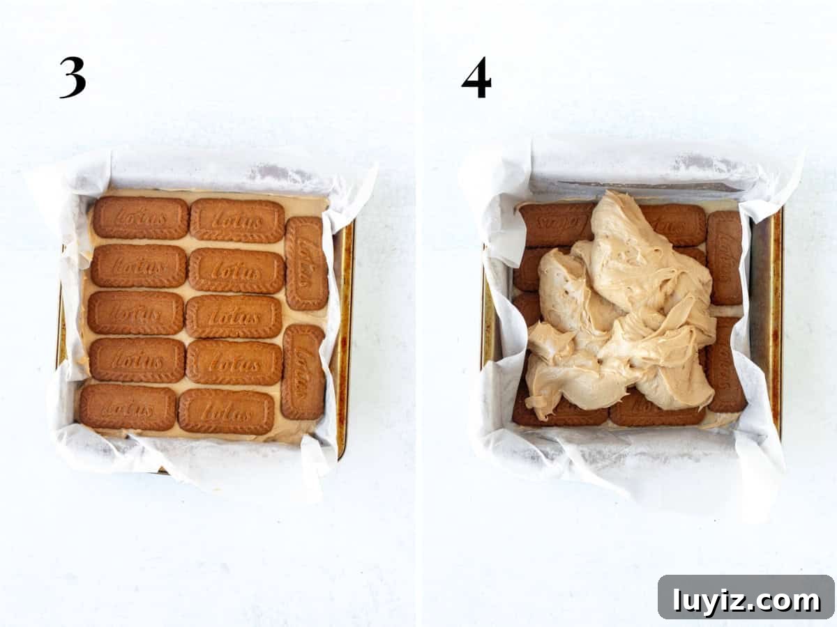 No-Bake Biscoff Icebox Cake Recipe for Creamy Layered Dessert 6 Pan of Lotus cookies and pan with Lotus cookies on the bottom and Biscoff cream filling on top.