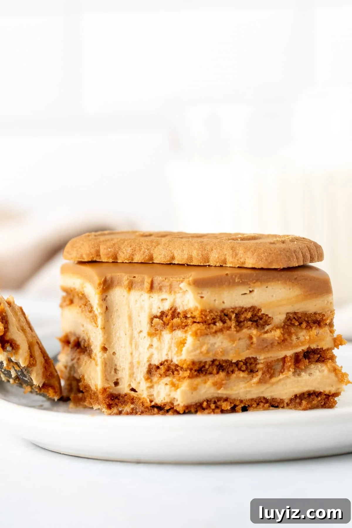 No-Bake Biscoff Icebox Cake Recipe for Creamy Layered Dessert 8 Slice of cookie butter icebox cake with a bite taken out