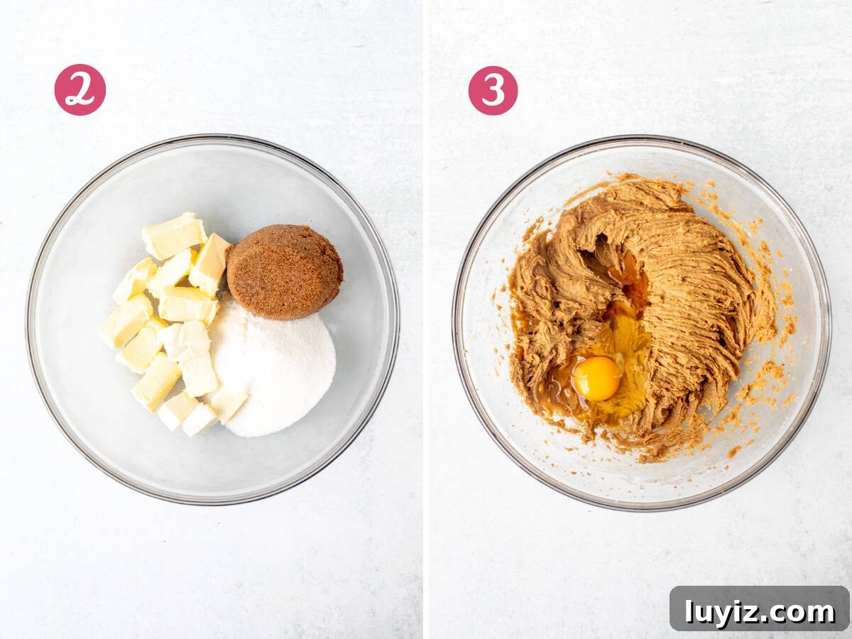 Bowl of butter, cream cheese, brown sugar and white sugar, and bowl of ingredients beaten together with egg and vanilla added.