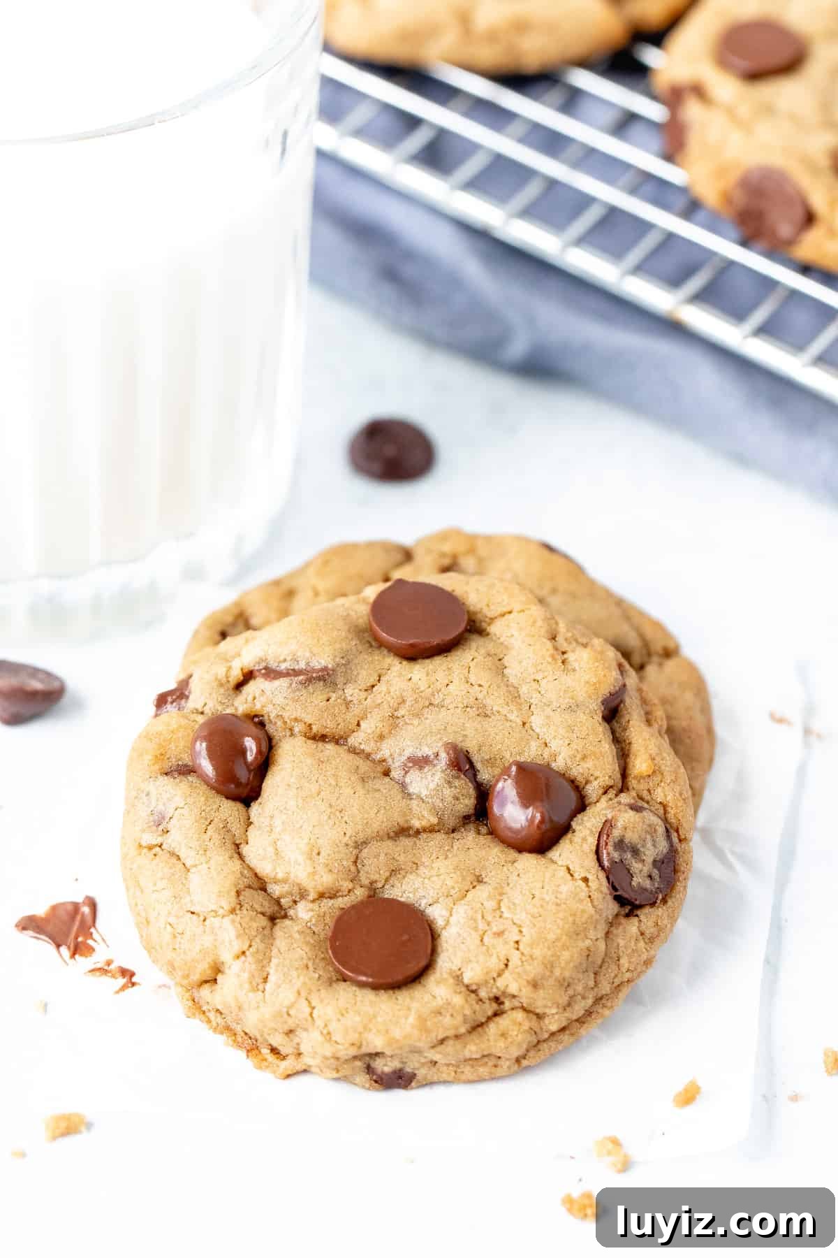 Cream Cheese Chocolate Chip Cookie Recipe for Extra Chewy Cookies 7 Soft chocolate chip cookie, resting on a second cookie with a glass of milk