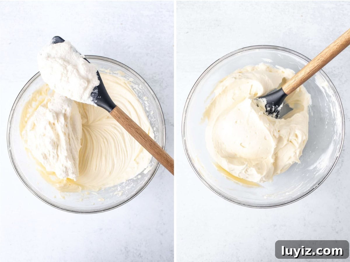 No-Bake Oreo Cheesecake Icebox Cake Recipe 4 2 photos of bowl with cream cheese mixture, folding whipped cream into the mixture.