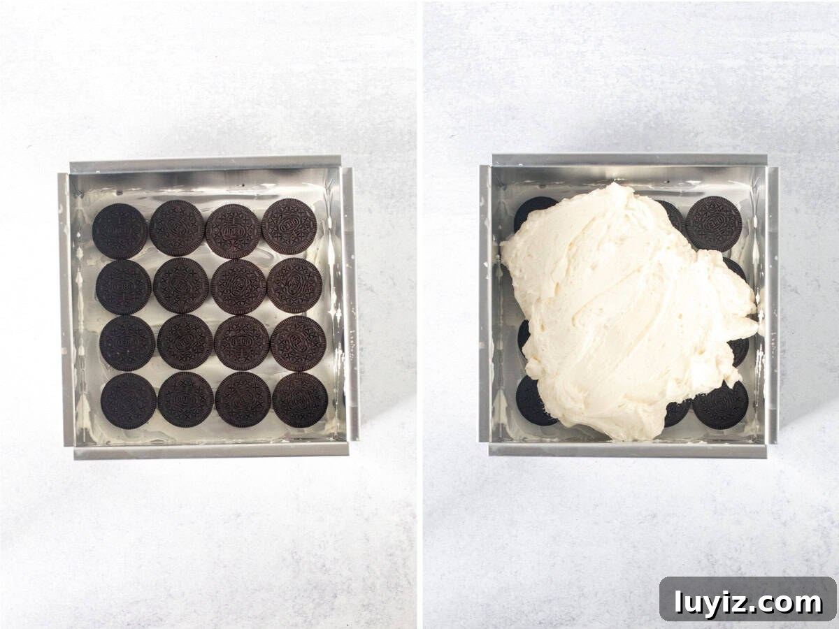 No-Bake Oreo Cheesecake Icebox Cake Recipe 5 Pan with a layer of Oreos and pan with a layer of Oreos with cheesecake filling spread over top