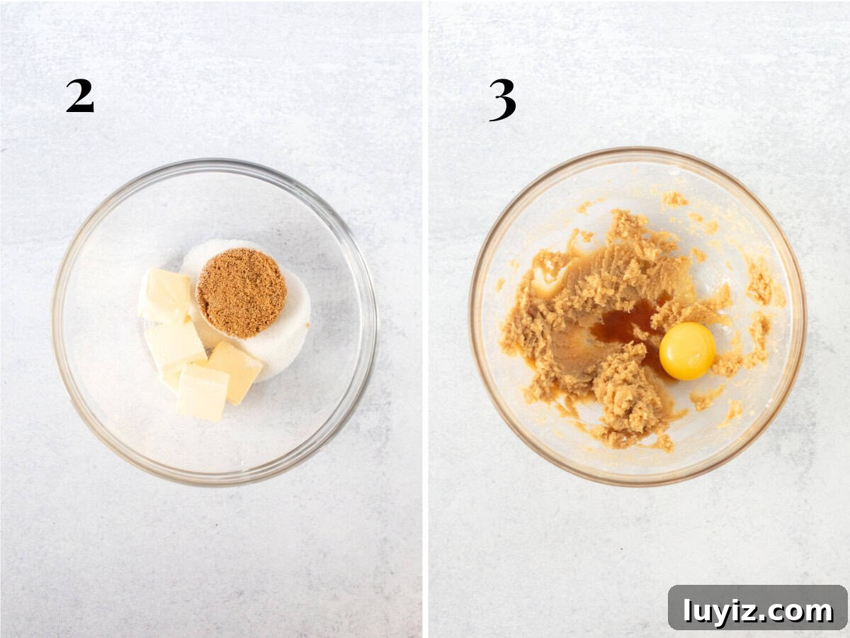 Oatmeal Chocolate Chip Cookies for Two (Small Batch Recipe) 5 Bowl of butter and sugars and bowl of butter and sugars creamed together with vanilla and egg yolk added to bowl.