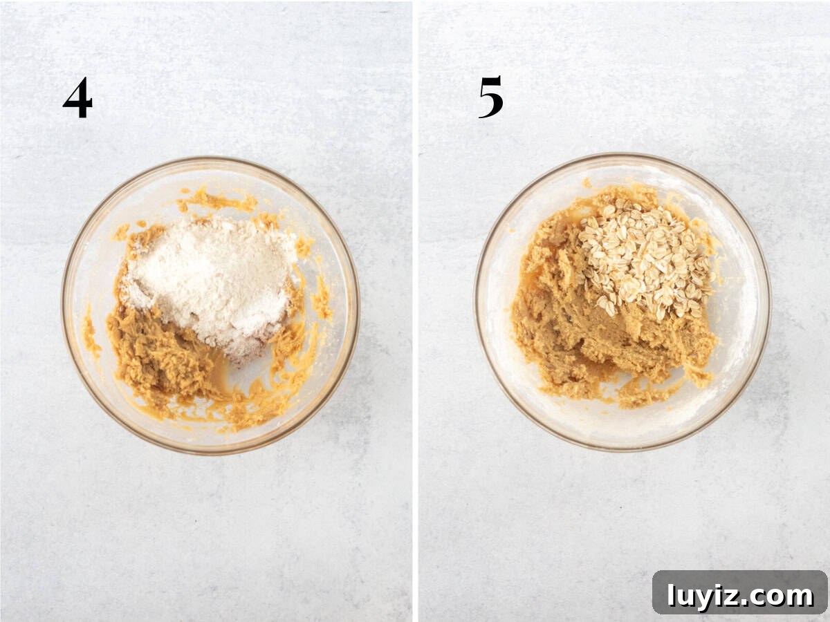 Oatmeal Chocolate Chip Cookies for Two (Small Batch Recipe) 6 Bowl of creamed butter and sugar with dry ingredients added to bowl, and bowl of cookie dough with oats added to the bowl.