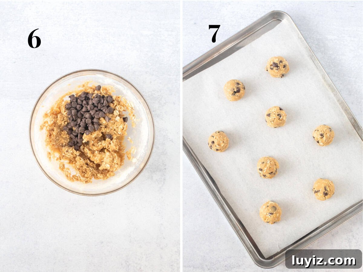 Oatmeal Chocolate Chip Cookies for Two (Small Batch Recipe) 7 Bowl of small batch cookie dough with chocolate chips, and cookie sheet with 8 oatmeal chocolate chip cookies