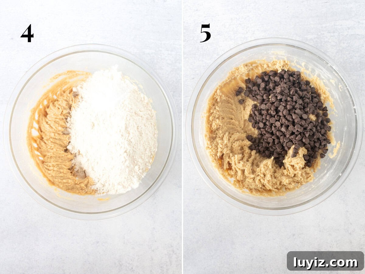 Classic Chocolate Chip Cookies for Everyday Baking 6 Bowl of dough with dry ingredients added, and bowl of cookie dough with chocolate chips