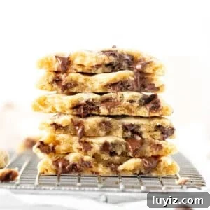 Classic Chocolate Chip Cookies for Everyday Baking 10 Chocolate chip cookies broken in half and stacked on top of one another