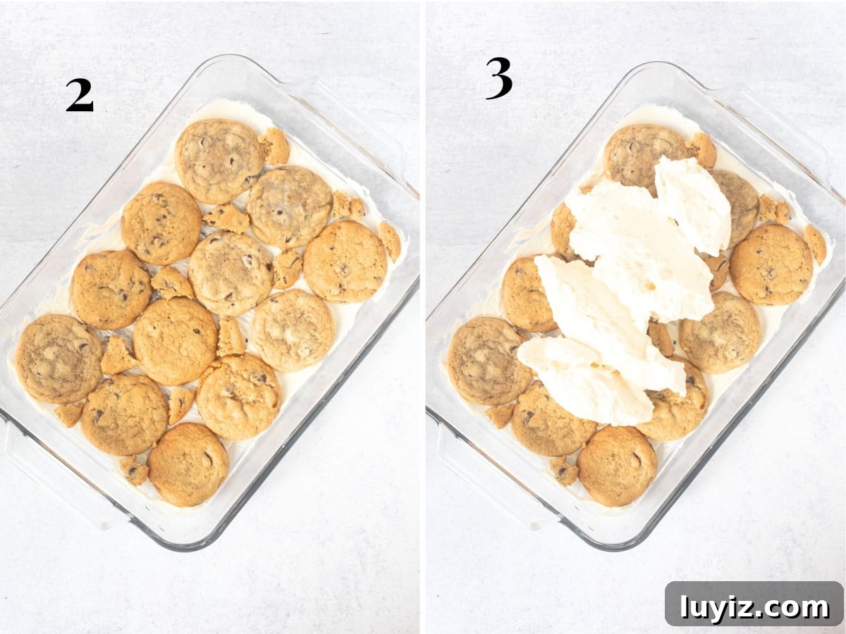 No-Bake Chocolate Chip Cookie Icebox Cake Recipe 5 Pan lined with a layer of cookies, and pan with layer of cookies topped with cream cheese mixture