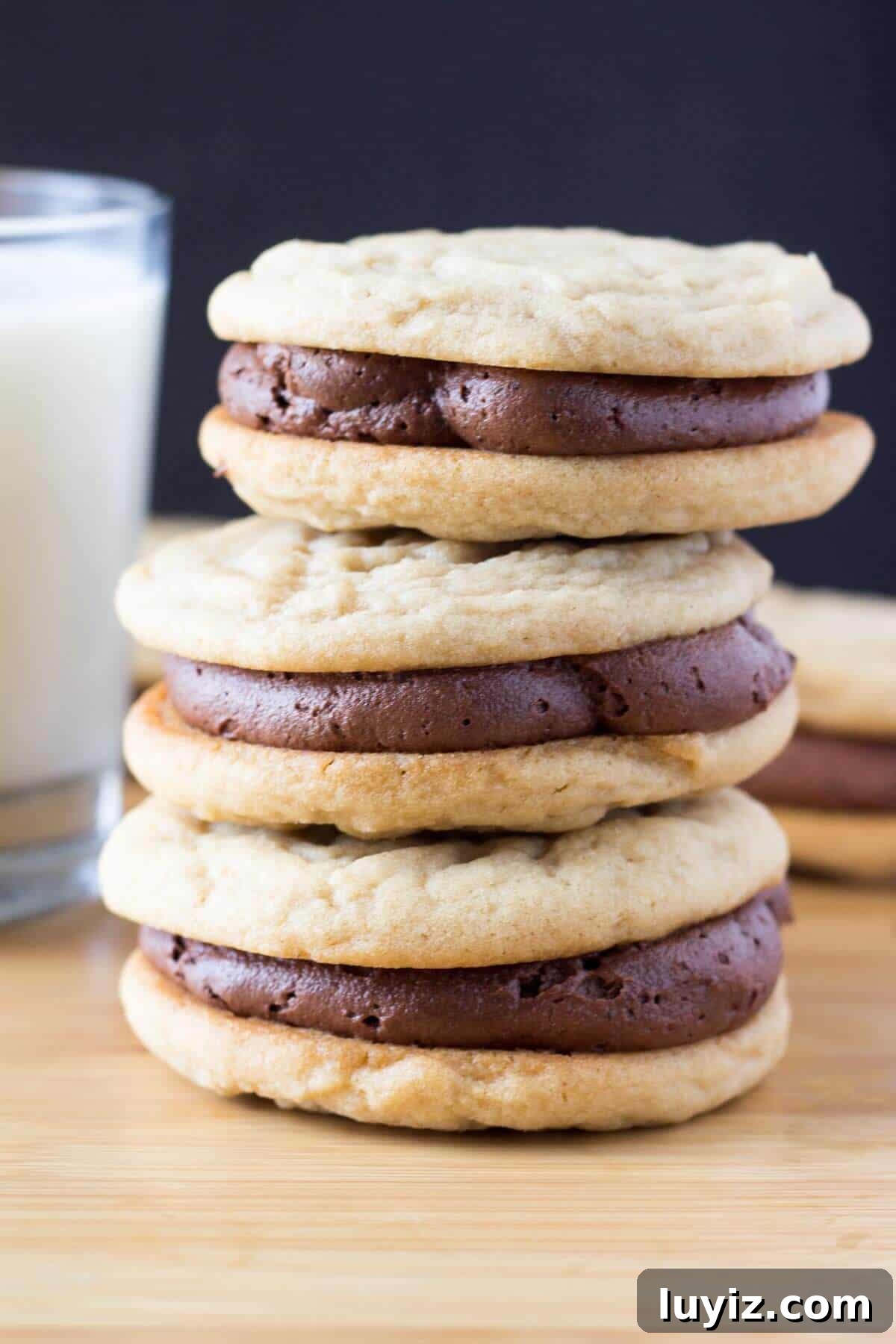 Peanut Butter Sandwich Cookies with Chocolate Ganache Filling 2 Two soft & chewy cookies slathered with milk chocolate buttercream. If you like peanut butter cups - these Peanut Butter Sandwich Cookies with Chocolate Frosting are for you.