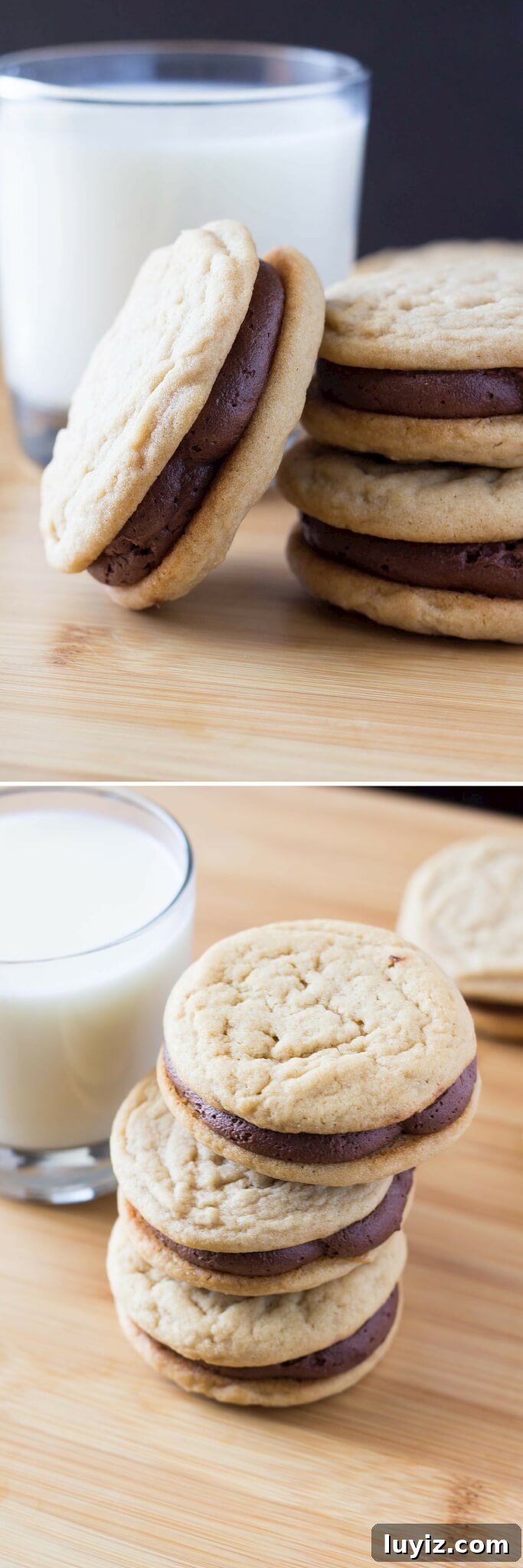 Peanut Butter Sandwich Cookies with Chocolate Ganache Filling 3 Two soft & chewy cookies slathered with milk chocolate buttercream. If you like peanut butter cups - these Peanut Butter Sandwich Cookies with Chocolate Frosting are for you.