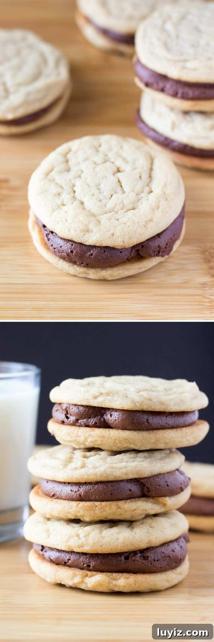 Peanut Butter Sandwich Cookies with Chocolate Ganache Filling 4 Two soft & chewy cookies slathered with milk chocolate buttercream. If you like peanut butter cups - these Peanut Butter Sandwich Cookies with Chocolate Frosting are for you.