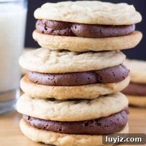 Peanut Butter Sandwich Cookies with Chocolate Ganache Filling 5 Two soft & chewy cookies slathered with milk chocolate buttercream. If you like peanut butter cups - these Peanut Butter Sandwich Cookies with Chocolate Frosting are for you.