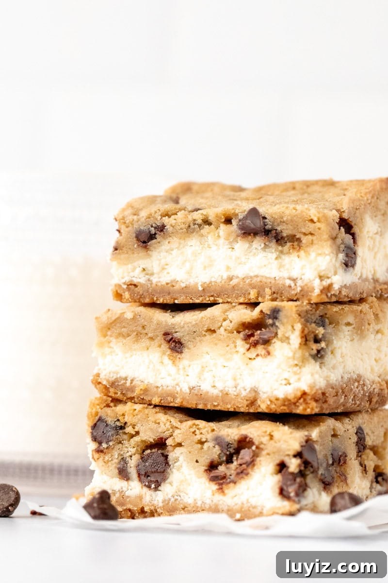 Chocolate Chip Cheesecake Bars Recipe for Rich, Creamy Dessert 2 Stack of three chocolate chip cheesecake bars