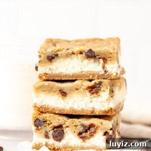 Chocolate Chip Cheesecake Bars Recipe for Rich, Creamy Dessert 13 Stack of three chocolate chip cheesecake bars