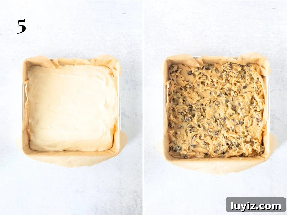Chocolate Chip Cheesecake Bars Recipe for Rich, Creamy Dessert 10 Pan with cheesecake layer and pan of unbaked chocolate chip cheesecake bars