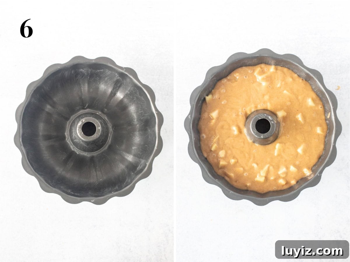 Moist Apple Bundt Cake with Cinnamon Glaze 6 Greased apple bundt pan and unbaked apple bundt cake