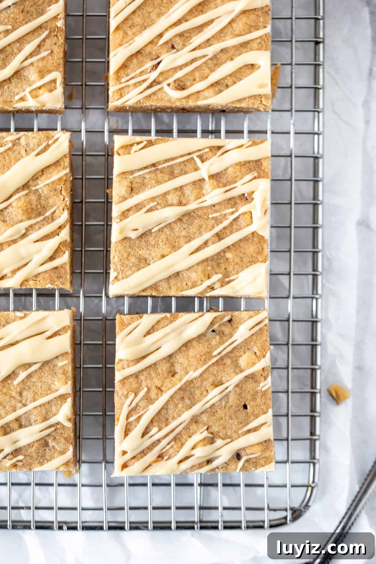 Brown Butter Maple Blondies with Sea Salt Drizzle 6 Maple blondies drizzled with maple glaze on a cooling rack