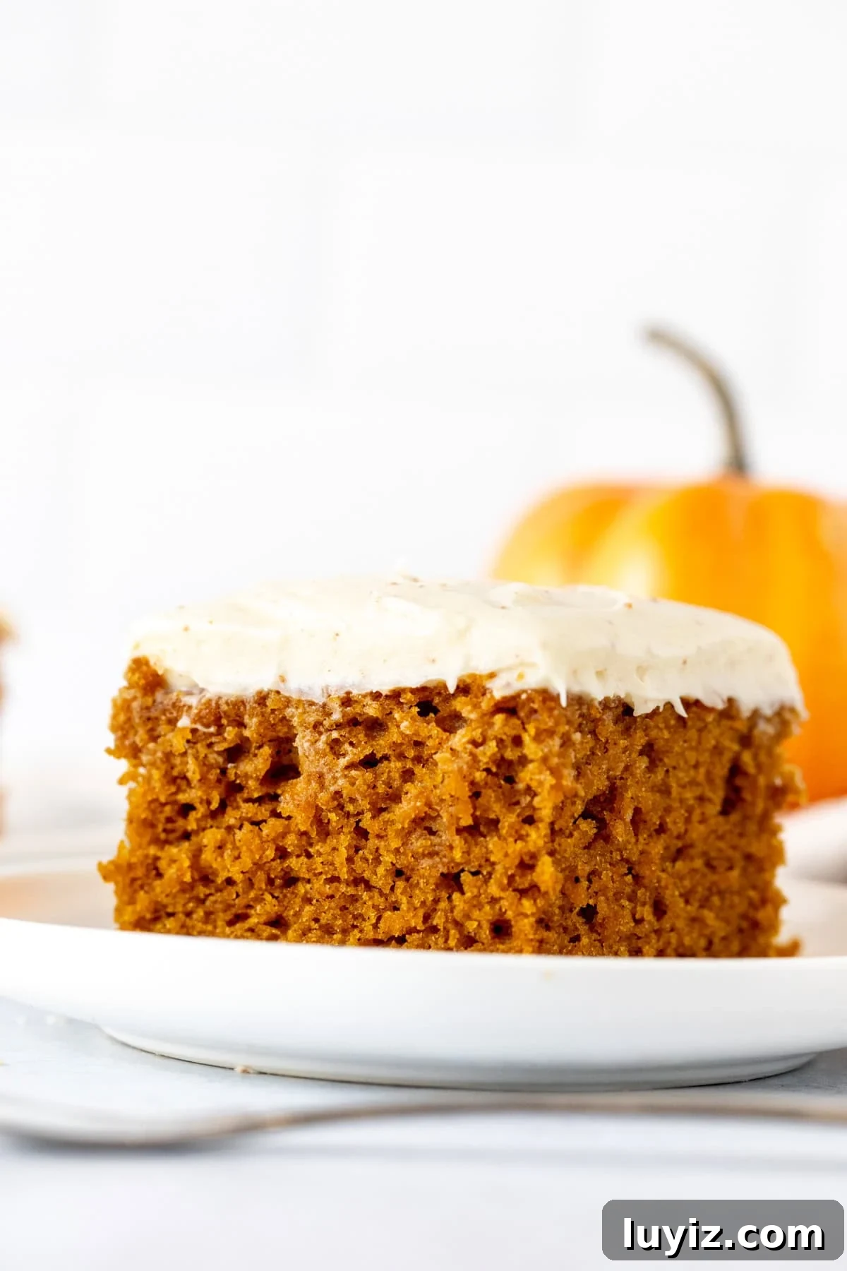 Ultimate Moist Pumpkin Cake Recipe for Fall Baking 2 Slice of pumpkin cake with brown butter cream cheese frosting