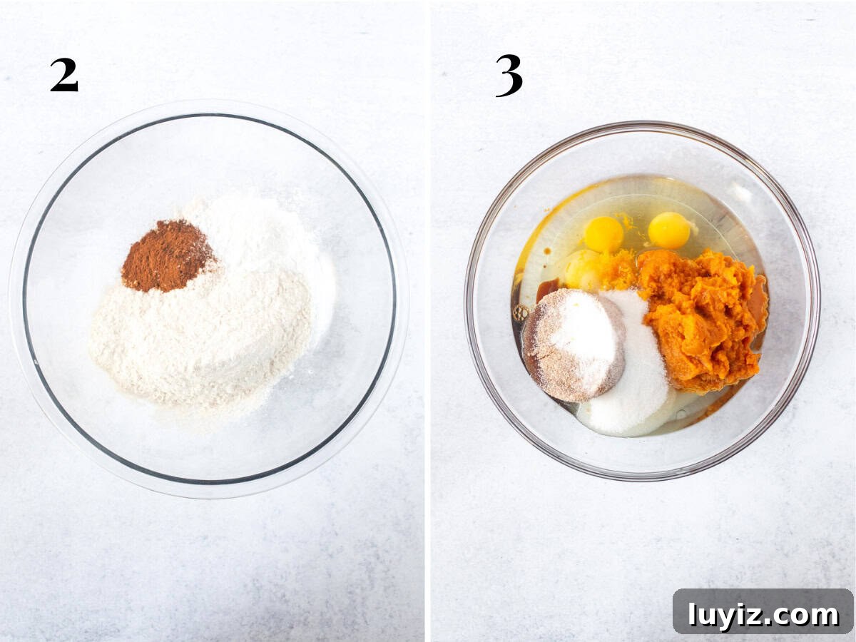 Ultimate Moist Pumpkin Cake Recipe for Fall Baking 7 Bowl of dry ingredients and bowl of wet ingredients