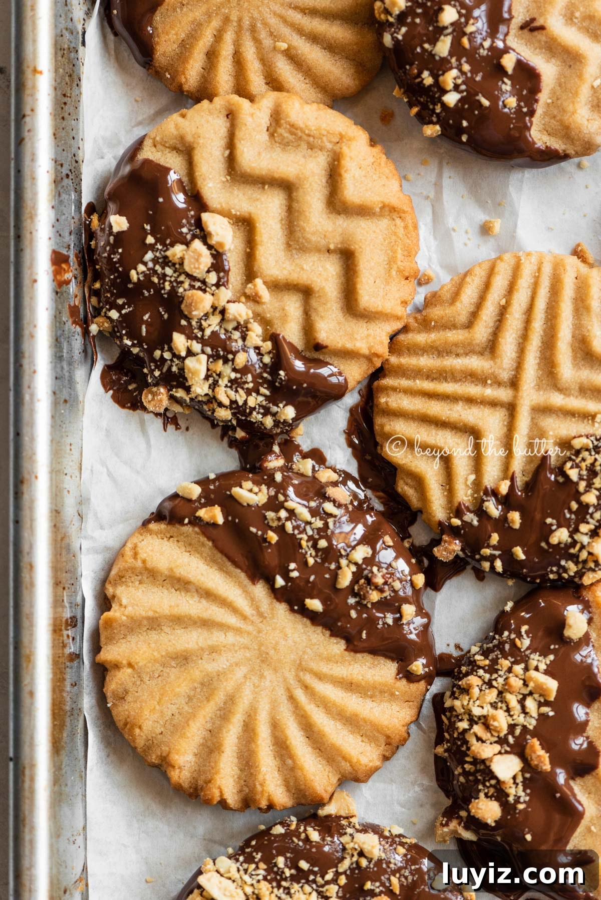 Chocolate-Dipped Peanut Butter Cookies with Crisp Edges 2 Baking sheet with randomly placed chocolate dipped peanut butter cookies | All Images © Beyond the Butter®