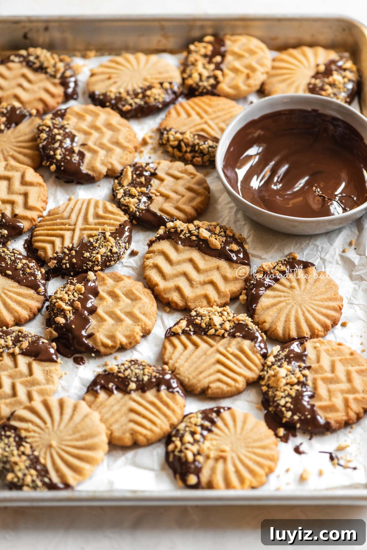 Chocolate-Dipped Peanut Butter Cookies with Crisp Edges 6 Baking sheet with randomly placed chocolate dipped peanut butter cookies with bowl of chocolate nearby | All Images © Beyond the Butter®
