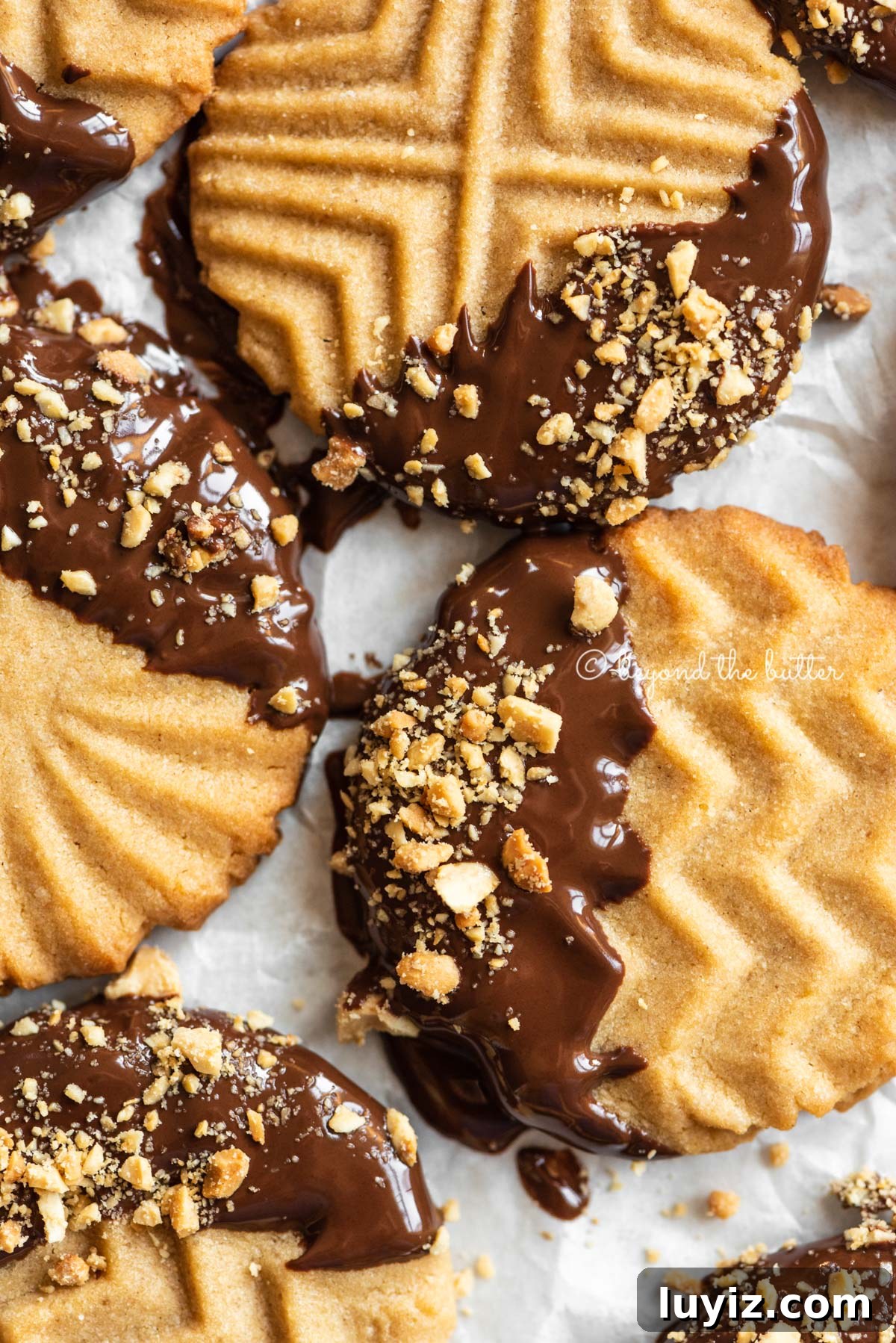 Chocolate-Dipped Peanut Butter Cookies with Crisp Edges 7 Baking sheet with randomly placed chocolate dipped peanut butter cookies | All Images © Beyond the Butter®