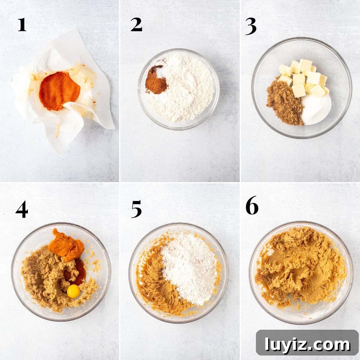 Pumpkin Cheesecake Cookie Recipe — Soft Pumpkin Cookies with Creamy Filling 6 Collage of steps for making pumpkin cookie dough