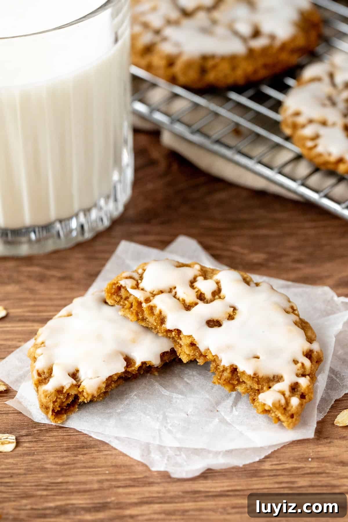 Iced Oatmeal Cookies Recipe with Soft Chewy Texture 2 iced oatmeal cookie broken in half
