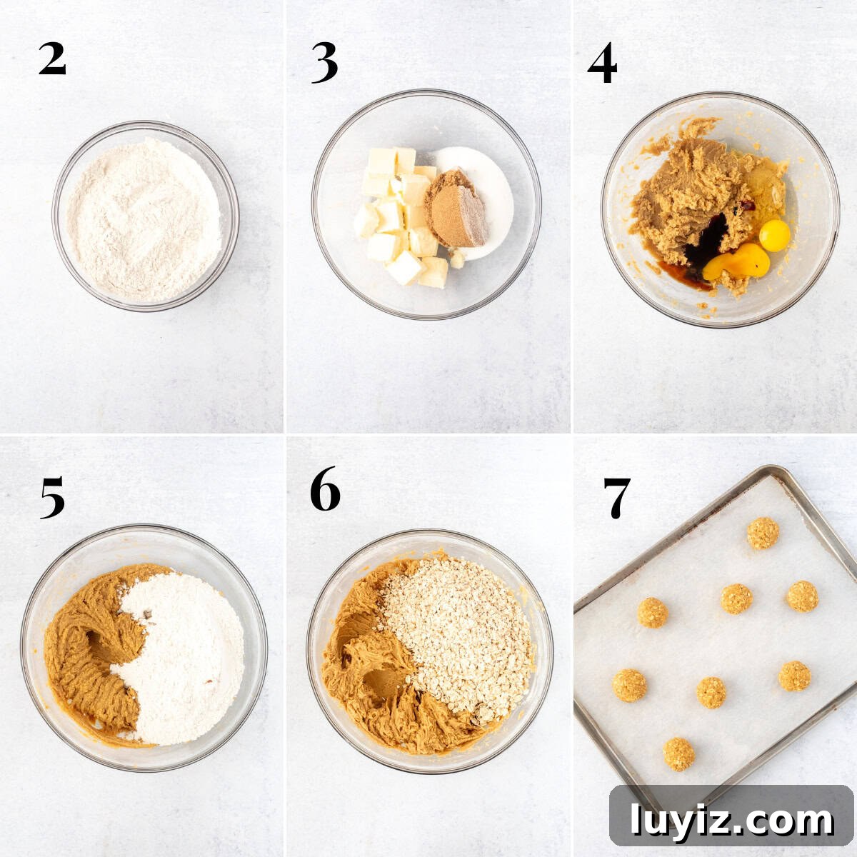 Iced Oatmeal Cookies Recipe with Soft Chewy Texture 4 Collage of photos, showing step-by-step how to make oatmeal cookies