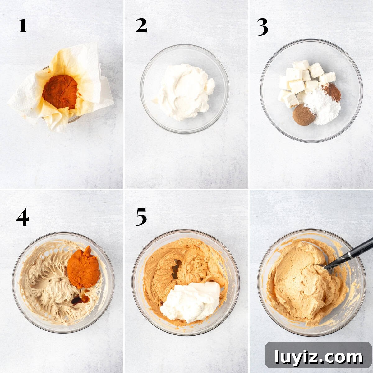 No-Bake Pumpkin Icebox Cake Recipe for Fall Desserts 4 Collage of step-by-step photos of making pumpkin icebox cheesecake filling