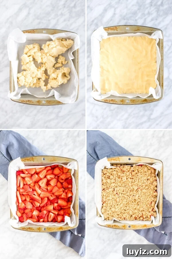 Homemade Strawberry Crumb Bars Recipe with Buttery Streusel 4 4 step collage showing how to assemble strawberry crumb bars.