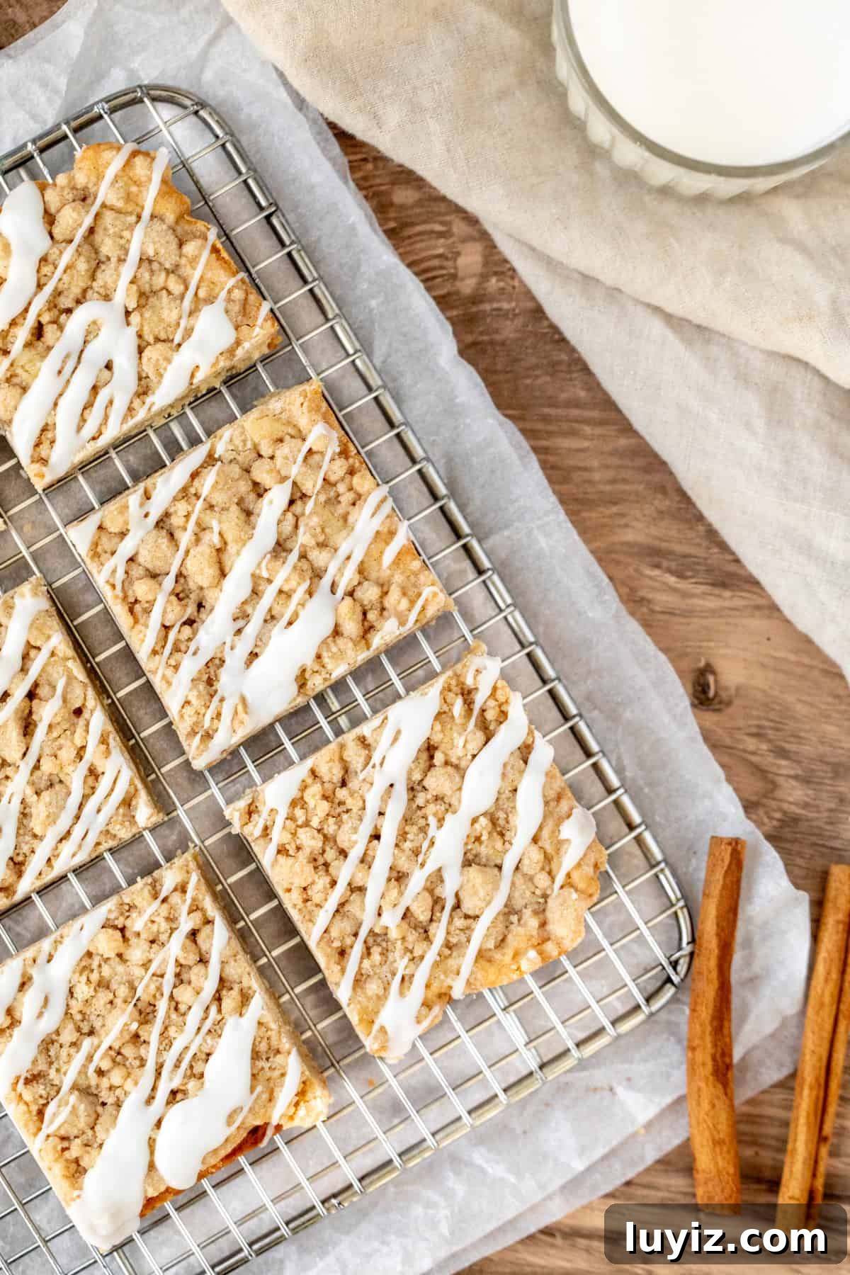 Coffee Cake Blondies Recipe — Moist Cinnamon Swirl Squares 3 Blondies topped with cinnamon streusel and vanilla glaze on a cookie rack