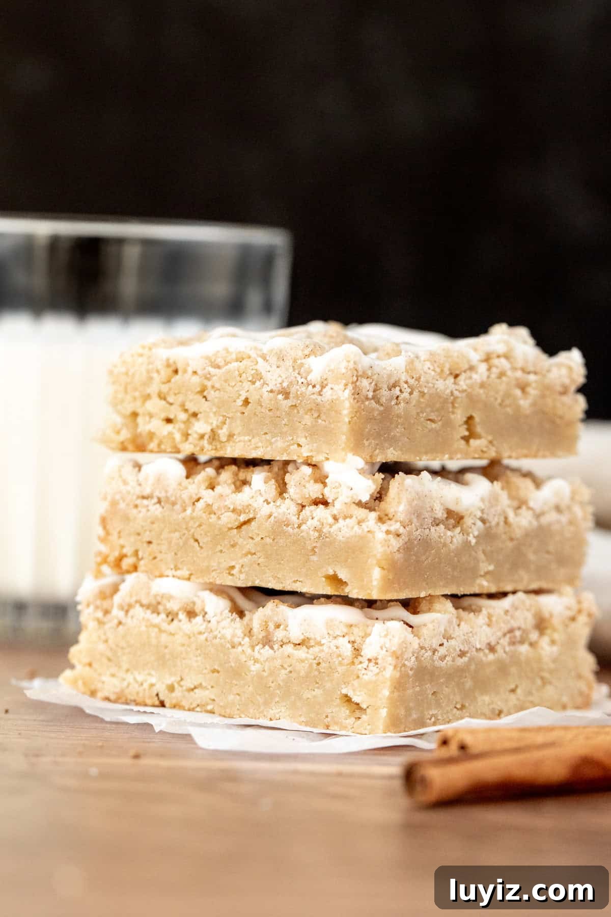 Coffee Cake Blondies Recipe — Moist Cinnamon Swirl Squares 5 Three blondies topped with cinnamon streusel, stacked on top of one another