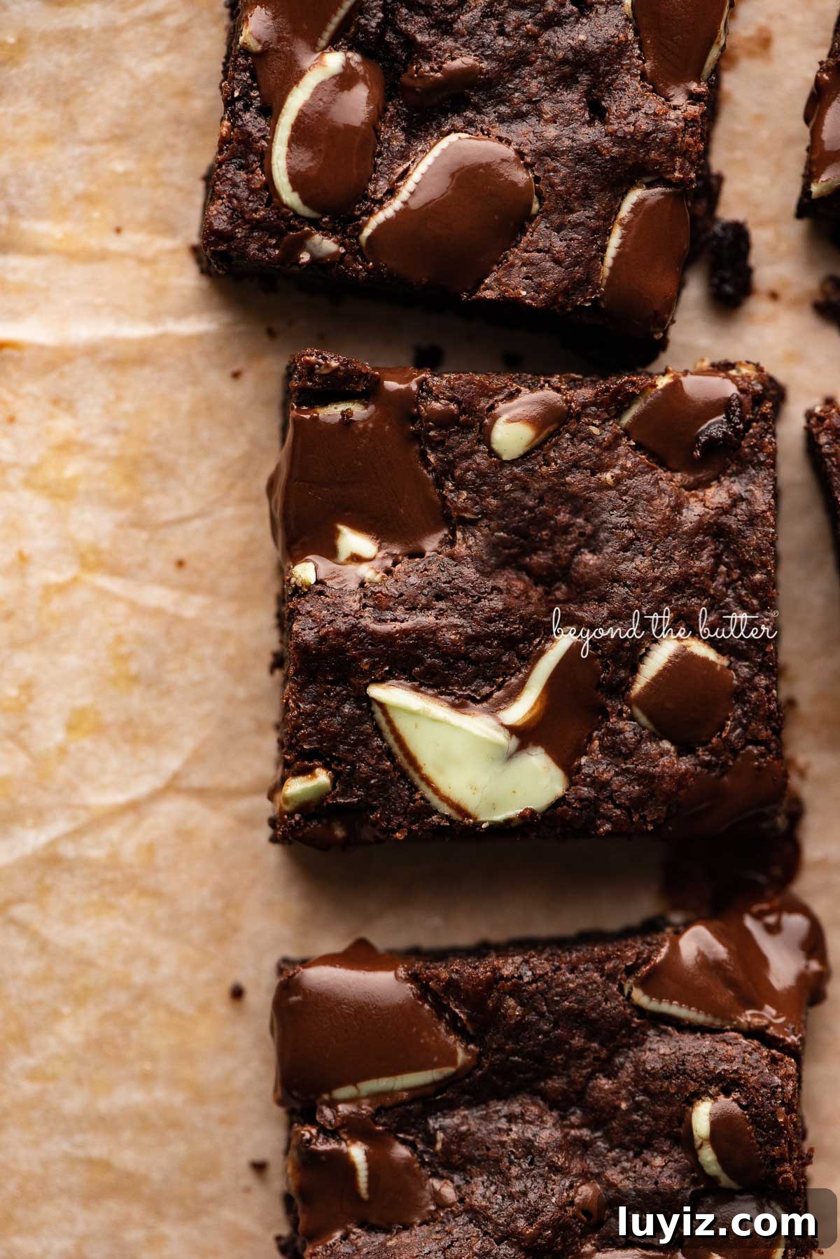 Decadent Double Chocolate Mint Brownies Recipe 4 Double chocolate brownies on brown parchment paper background | © Beyond the Butter®