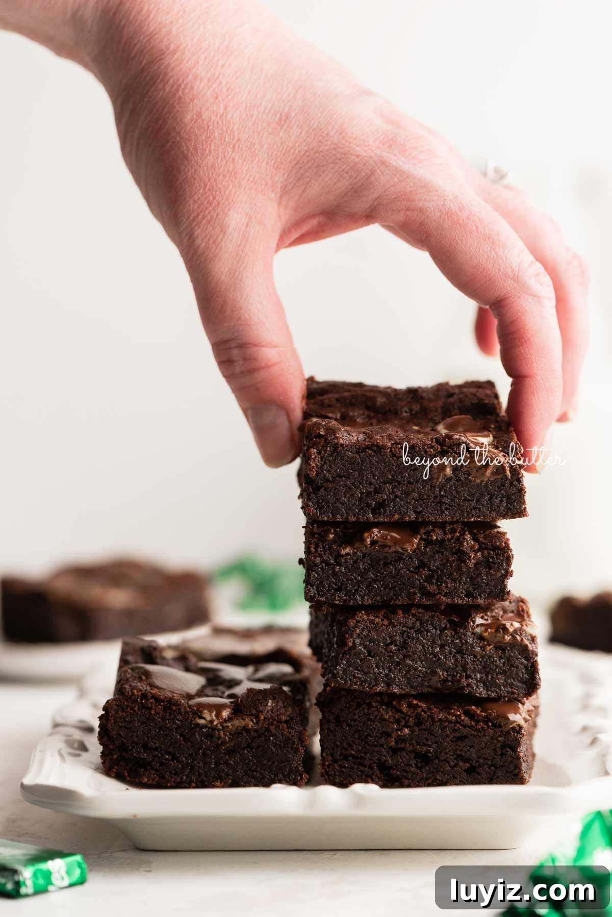 Decadent Double Chocolate Mint Brownies Recipe 6 Stacking mint chocolate brownies on a white dessert plate | © Beyond the Butter®