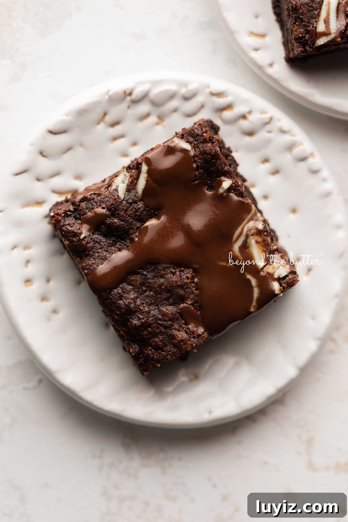 Decadent Double Chocolate Mint Brownies Recipe 8 A single mint chocolate brownie on a small white dessert plate | © Beyond the Butter®