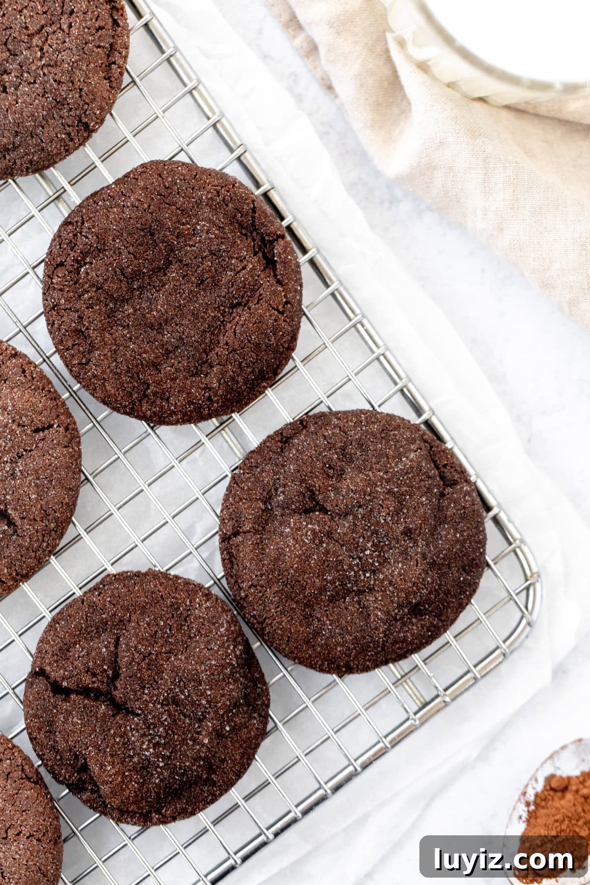 Ultimate Chocolate Sugar Cookie Recipe for Soft, Chewy Cookies 6 chocolate sugar cookies on a cooling rack