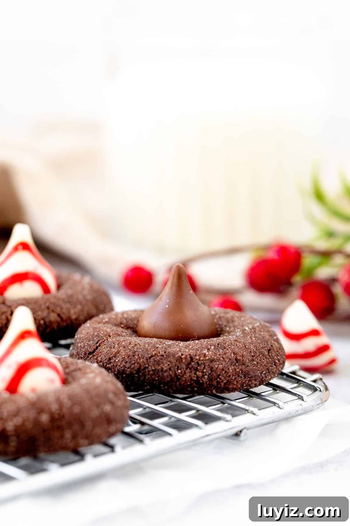 Chocolate Blossom Cookies Recipe: Soft Chocolate Thumbprint Treats 3 Chocolate blossom cookies and chocolate peppermint blossom cookies on a cooling rack