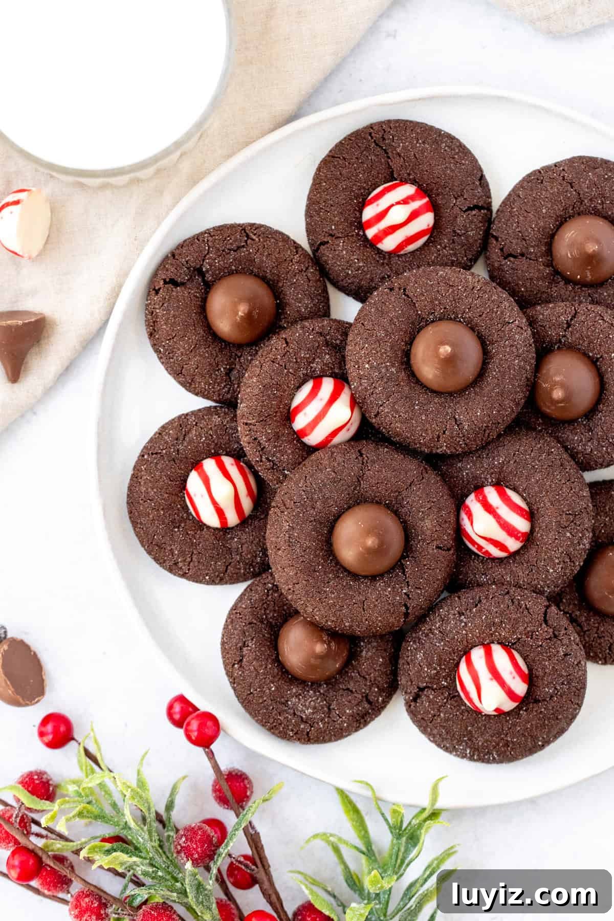 Chocolate Blossom Cookies Recipe: Soft Chocolate Thumbprint Treats 5 Plate of Hershey's Kiss cookies, with glass of milk