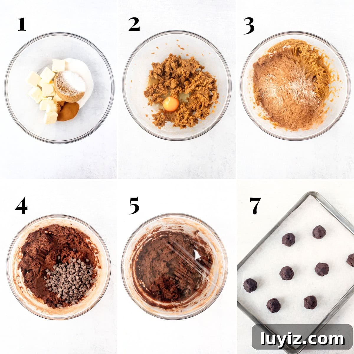 Peppermint Mocha Cookie Recipe — Festive Chocolate Coffee Cookies 5 Collage of photos, showing step-by-step how to make peppermint mocha cookie dough