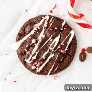 Peppermint Mocha Cookie Recipe — Festive Chocolate Coffee Cookies 9 Peppermint mocha cookie, drizzled with white chocolate and sprinkled with crushed candy canes