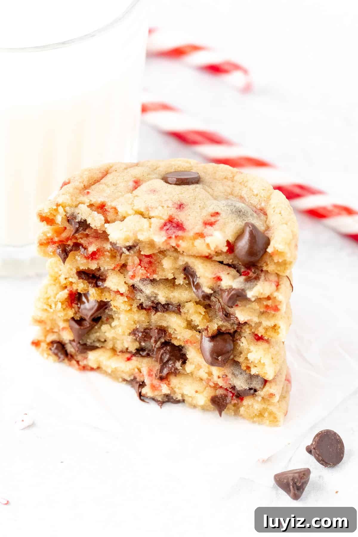Candy Cane Chocolate Chip Cookies Recipe for Festive Holidays 2 Stack of candy cane chocolate chip cookies