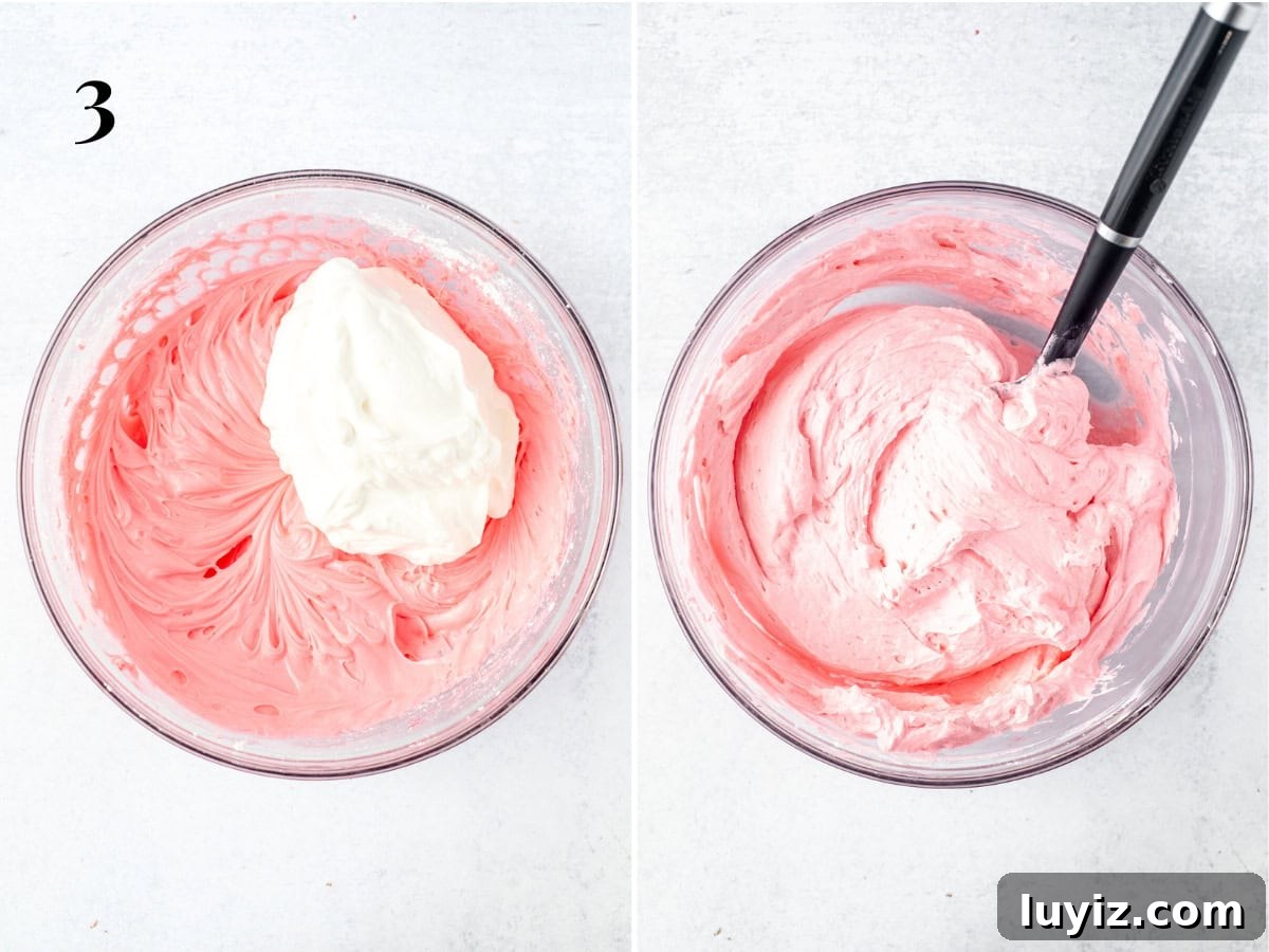 Peppermint Candy Cane Icebox Cake Recipe for the Holidays 4 Collage of 2 photos, showing folding the whipping cream into the pink cream cheese mixture.