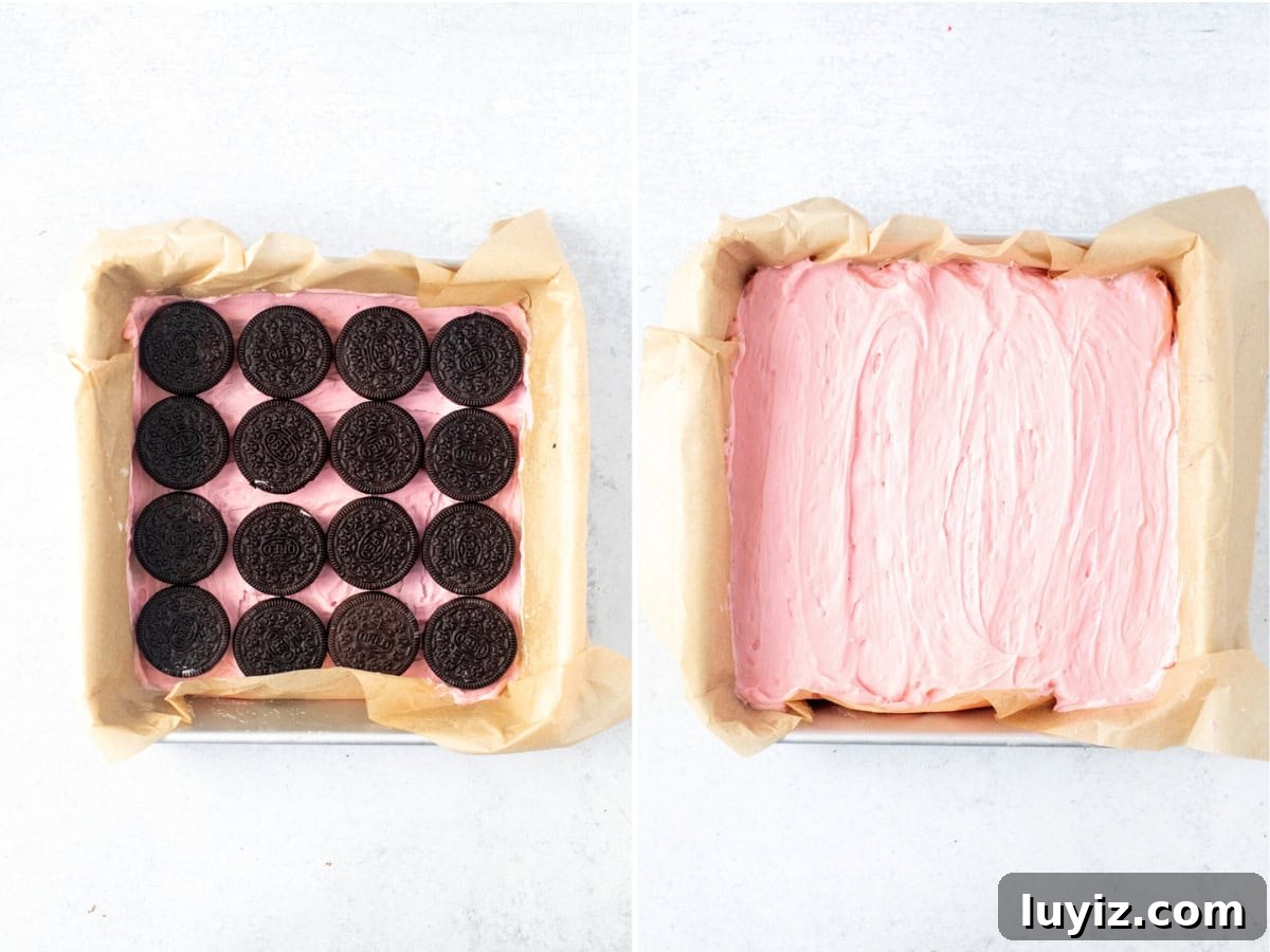 Peppermint Candy Cane Icebox Cake Recipe for the Holidays 5 Pan showing peppermint icebox cake, with layers of Oreo cookies and then with the pink peppermint filling