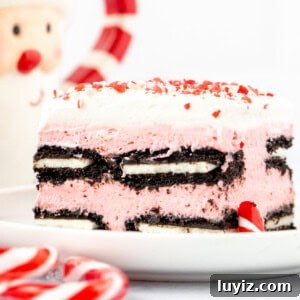 Slice of candy cane icebox cake