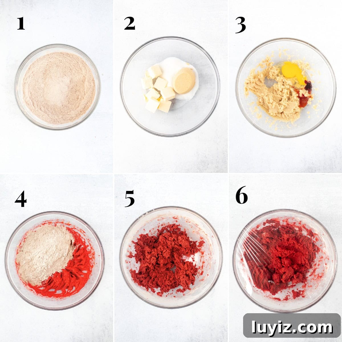 Red Velvet Blossoms: Elegant Floral Cakes and Desserts 5 Collage showing step by step photos of how to make red velvet cookie dough