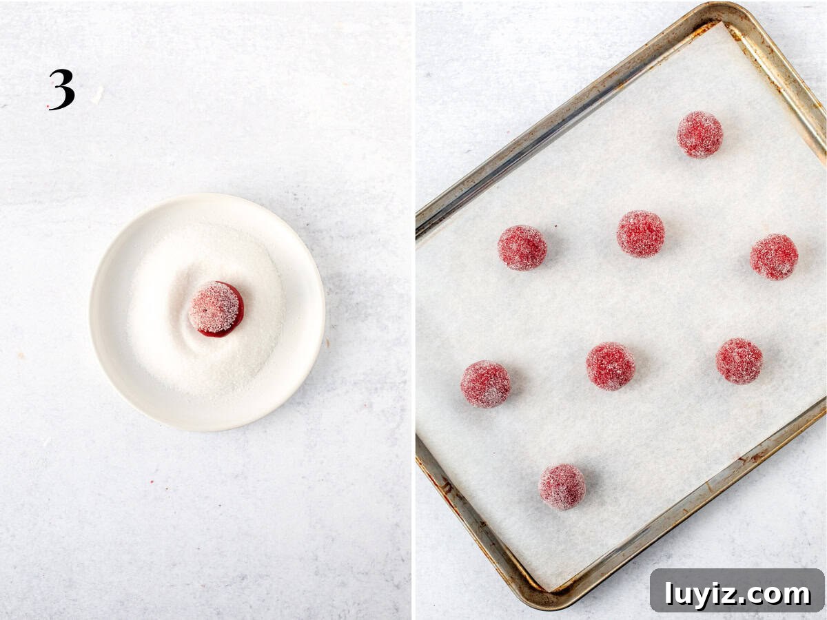 Red Velvet Blossoms: Elegant Floral Cakes and Desserts 6 Red velvet cookie dough ball rolled in sugar, and lined cookie sheet with cookie dough balls